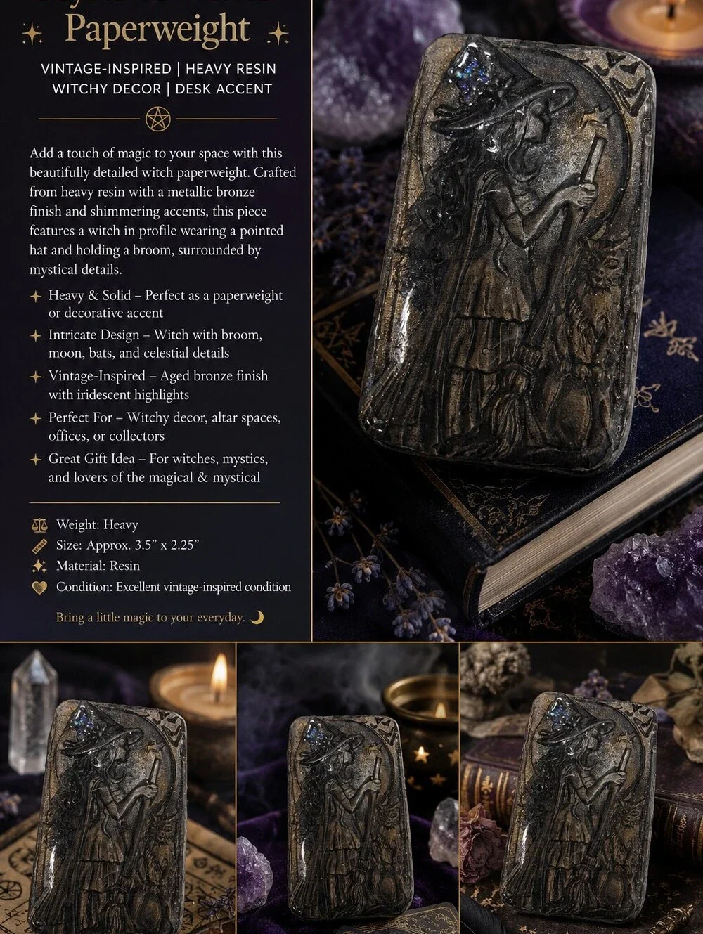 Vintage-Inspired Witch Paperweight - Metallic Bronze Resin